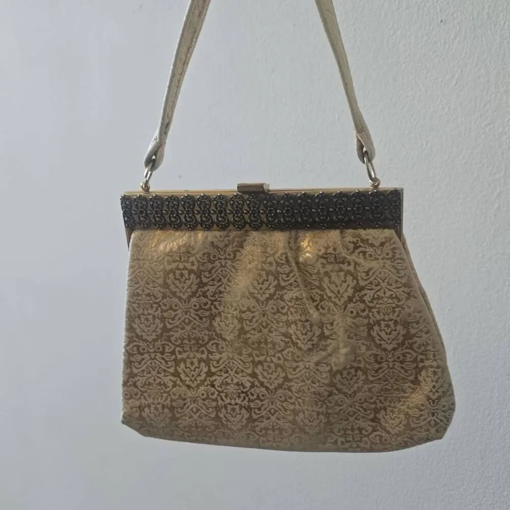 Evening Bag ANTIGUO BOLSO SCHOOL FLORENCE - PIEL, Ivory/Gold, Vtg. , EUC
